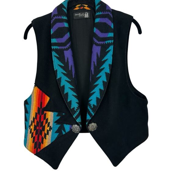 Vintage Santa Fe Storytellers Vest Large Custom Made Black Wool Southwestern